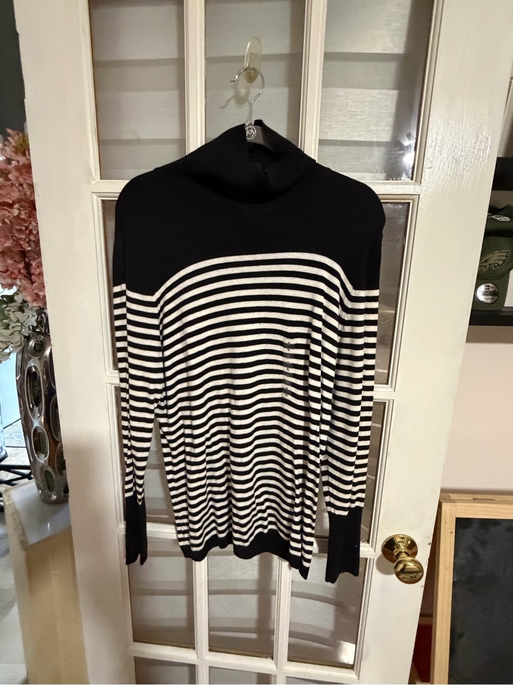 Women’s Black and White Striped Turtleneck Sweater